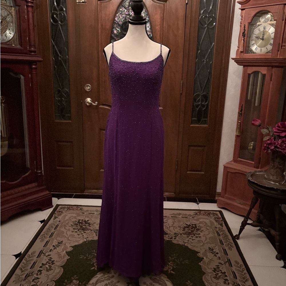 Tiffany Designs Rich Purple Fully Beaded Maxi Dress with Straps Size 10